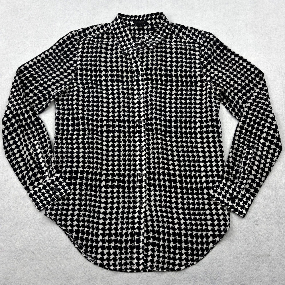 Ann Taylor Shirt Womens Small Black White Silk Houndstooth Button Down Blouse